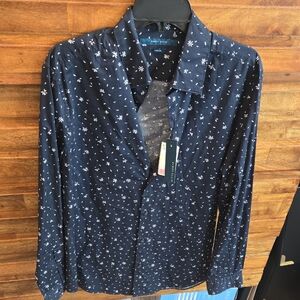 Men's Navy Blue Star Print Button-Up Shirt Size M
